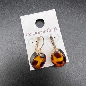Coldwater Creek St Tropez Drop Earrings Brown Tortoise Shell Gold Tone Resin